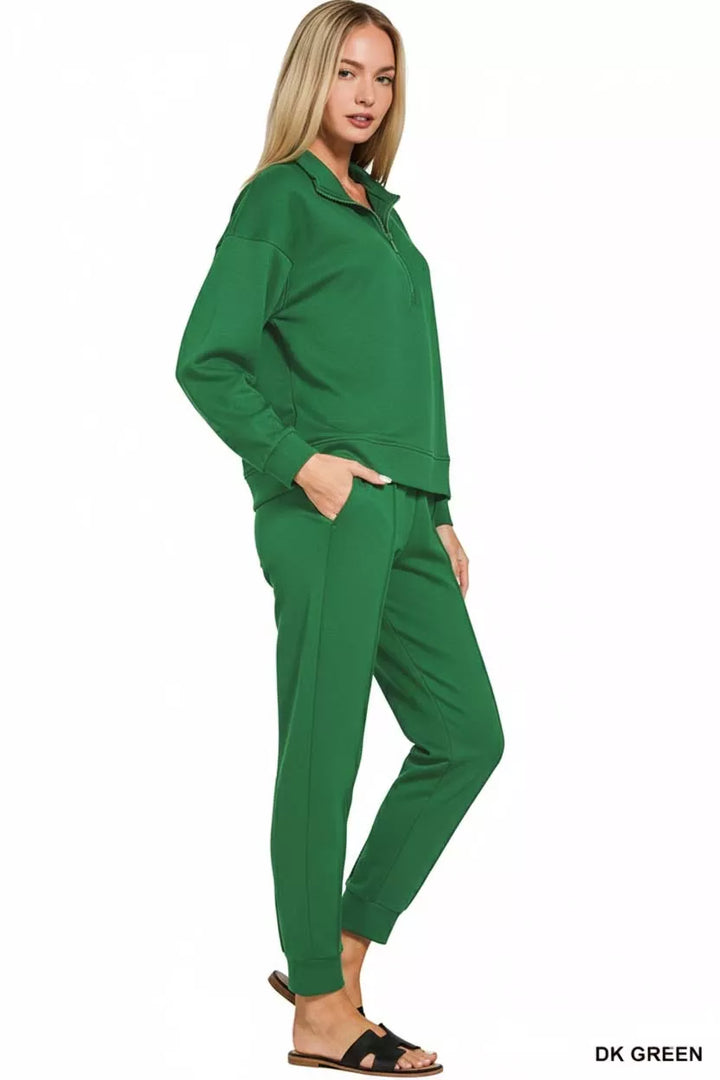 Dk Green Zenana Scuba Half Zip Pullover And Jogger Set