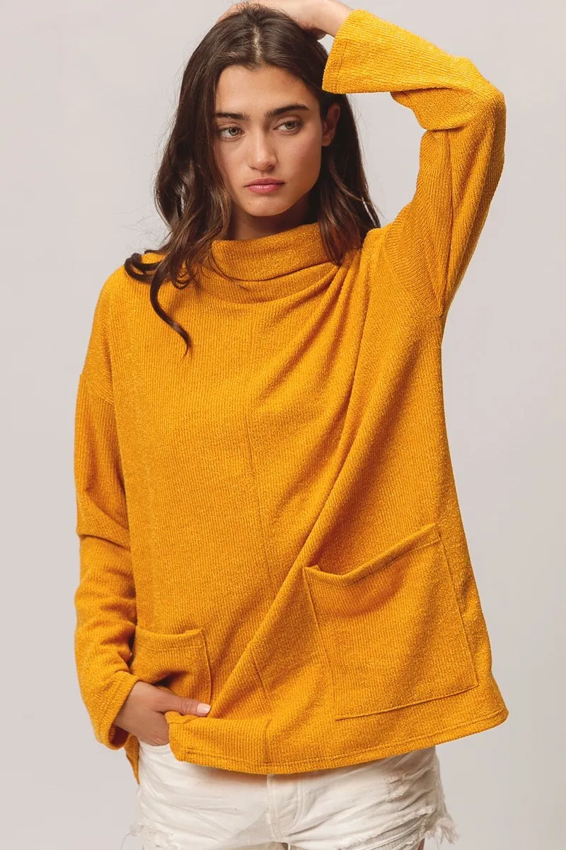 Mustard Bibi Piper Rib Double Pocket Turtle Neck Sweater 1