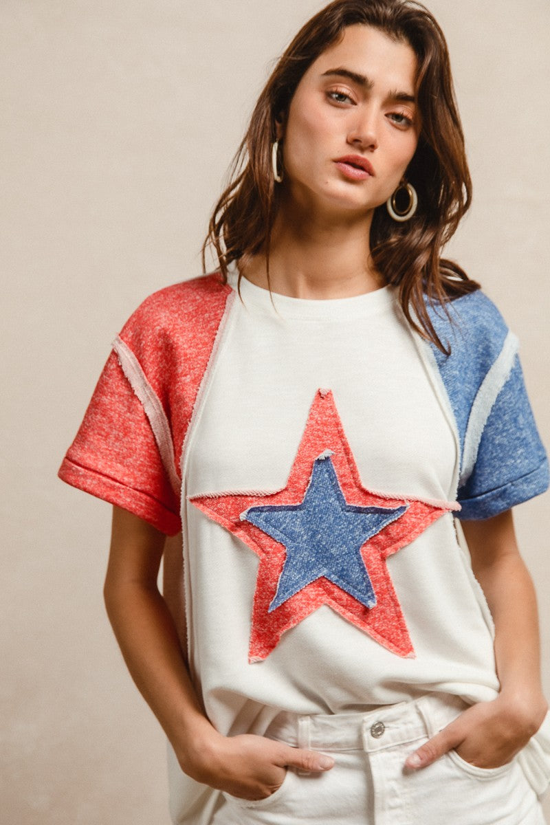 Bibi Contrast French Terry Cut Edge Detail Fourth Of July Theme T Shirt