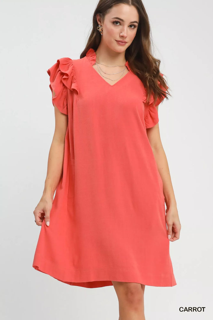 Carrot Umgee Linen Flutter Sleeve Shift Dress With Pockets 1