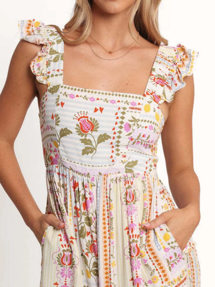 Color Floral Print Ruffle Strap Jumpsuit