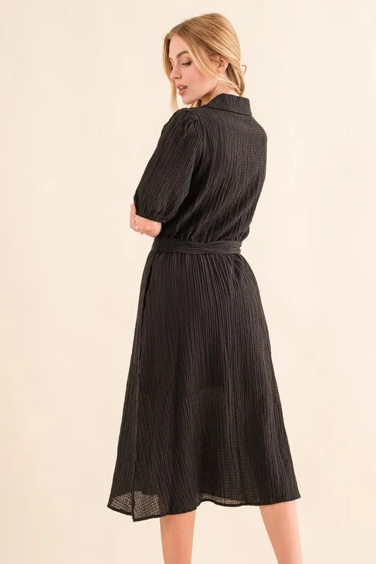 Black And The Why Waffle Textured Ribbon Waist Midi Dress