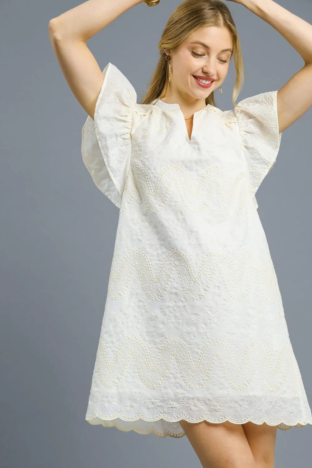 White Umgee Scalloped Hem Embroidered Mini Dress