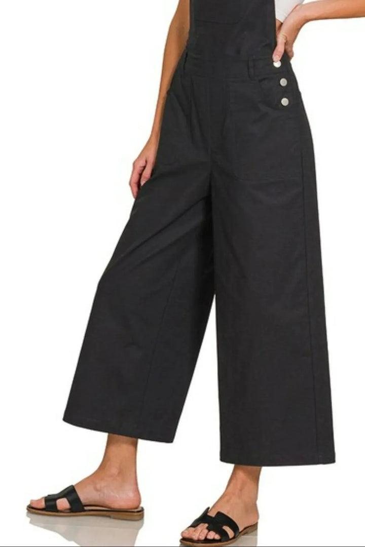 Black Zenana Woven Spaghetti Strap Overalls 1