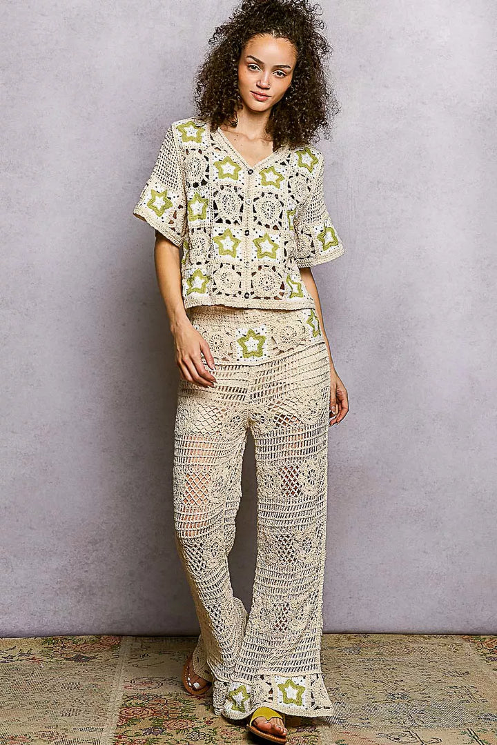 Pol Openwork Crochet Flare Pants With Contrast Star