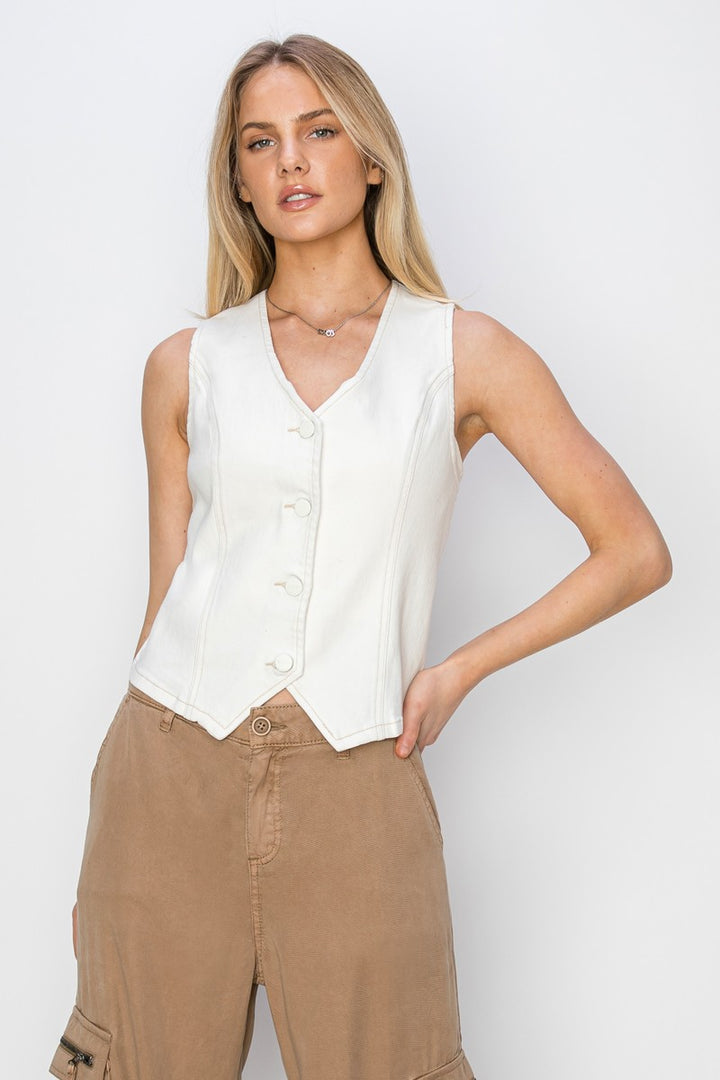 White Risen V Neck Button Down Vest 1