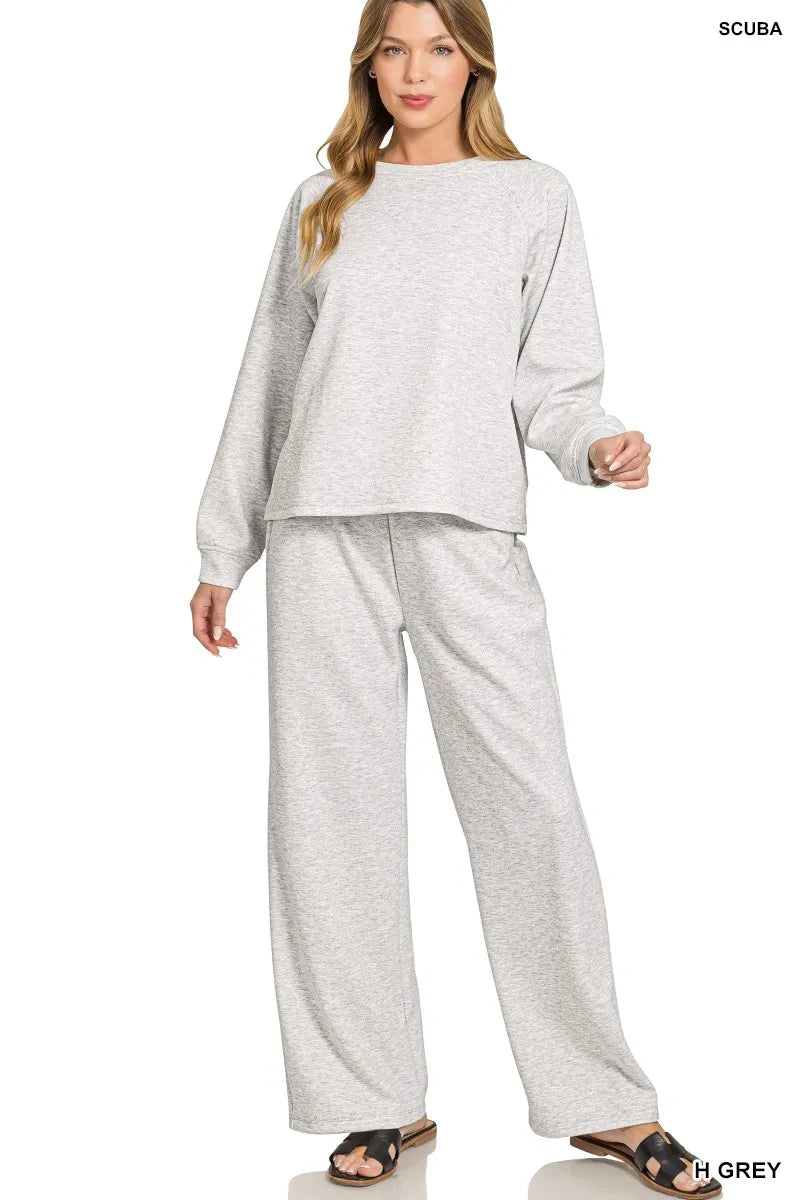 H Grey Zenana Scuba Crewneck Sweatshirt And Pants Set 1