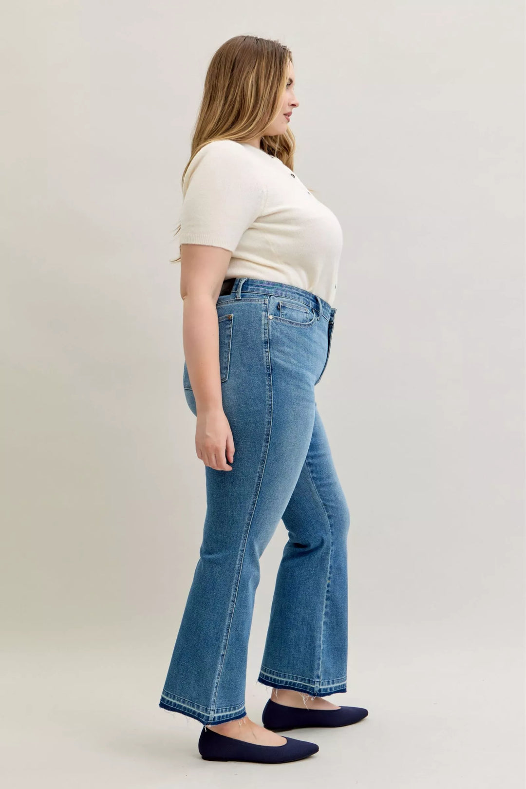 Md Judy Blue Full Size Mid Rise Slim Bootcut Tummy Control Release Hem Jeans Plus Size