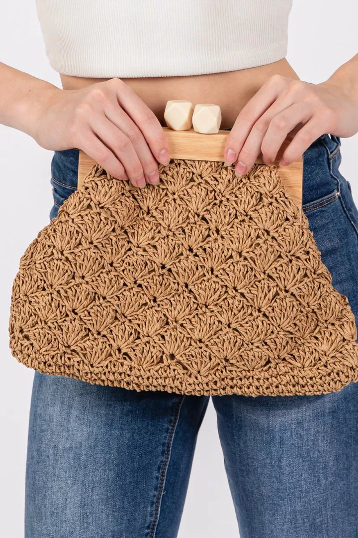 Iv Fame Straw Braided Wooden Frame Cluch Bag