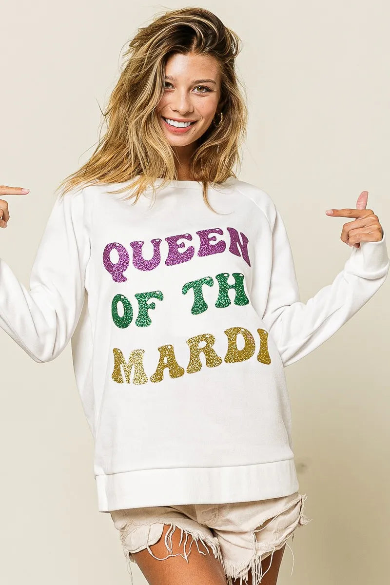 Off White Bibi Queen Of Mardi Glitter Print Mardi Gras Sweatshirt