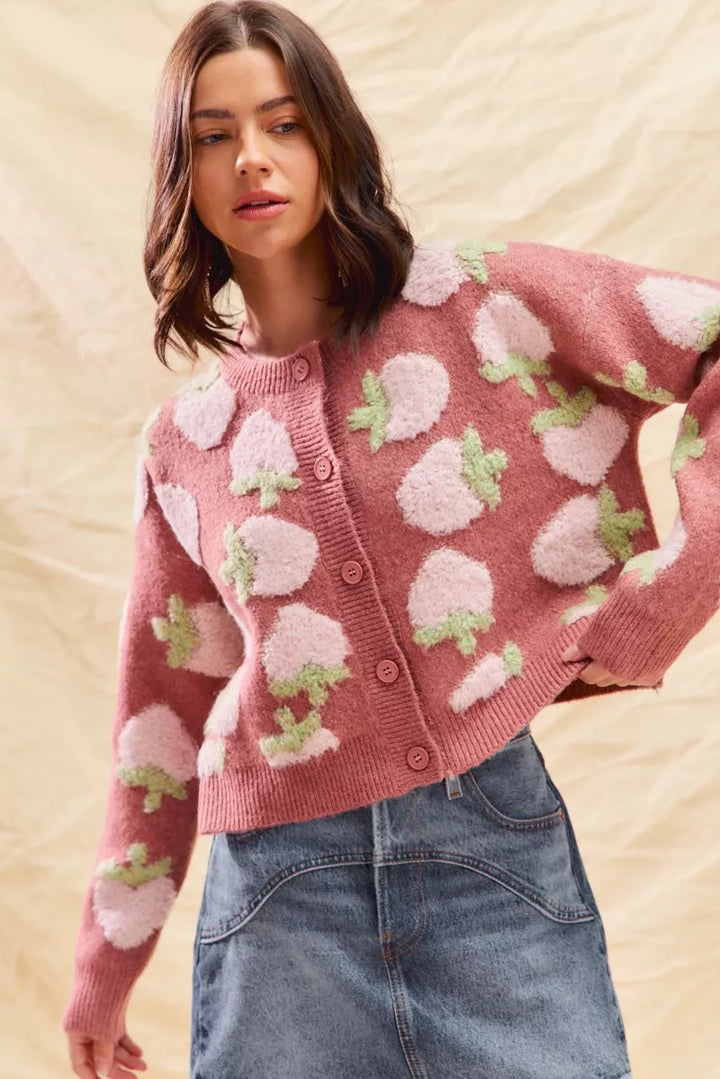 So Me Strawberry Fruit All Over Button Sweater Cardigan