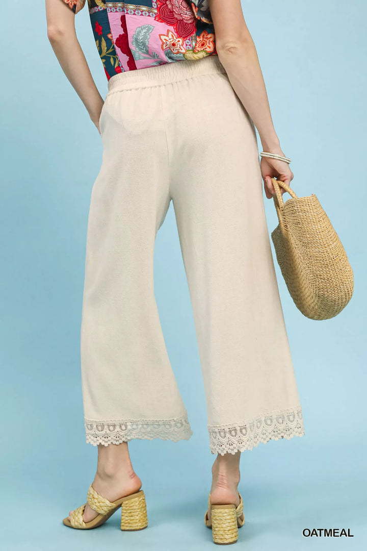 Oatmeal Umgee Linen Wide Leg Cropped Pants With Lace Trim