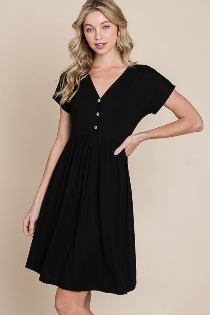 Black Bombom V Neck Short Sleeve Dress