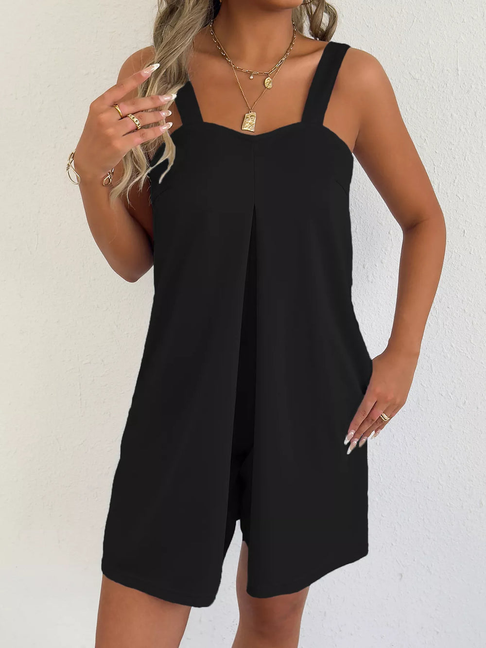Black Sleeveless Casual Romper With Side Pockets