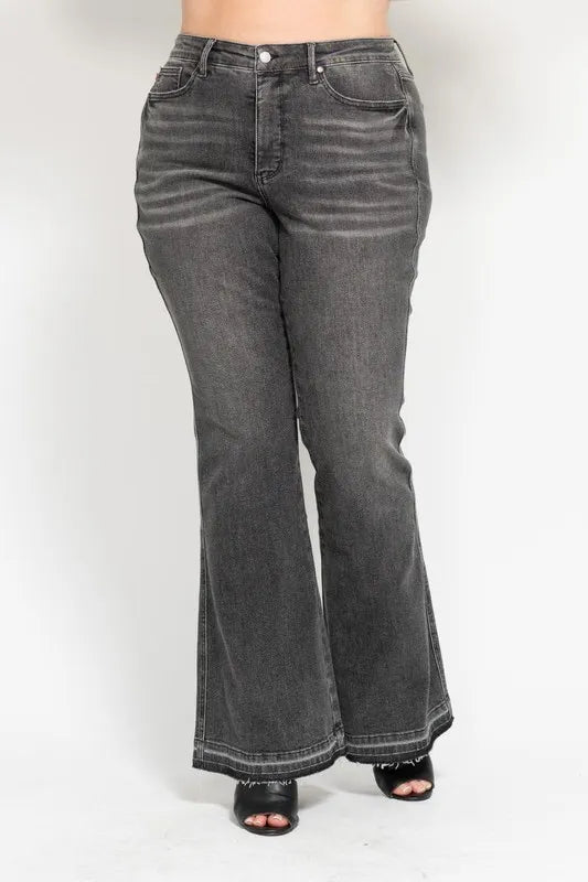 Gry Judy Blue Full Size Mid Rise Tummy Control Washed Gray Release Hem Flare Jeans Plus Size