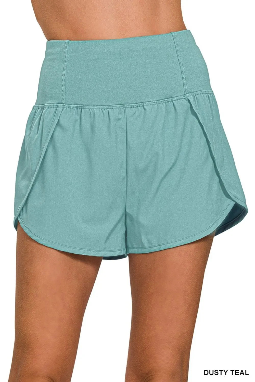 Dusty Teal Zenana High Waisted Zippered Back Pocket Running Shorts