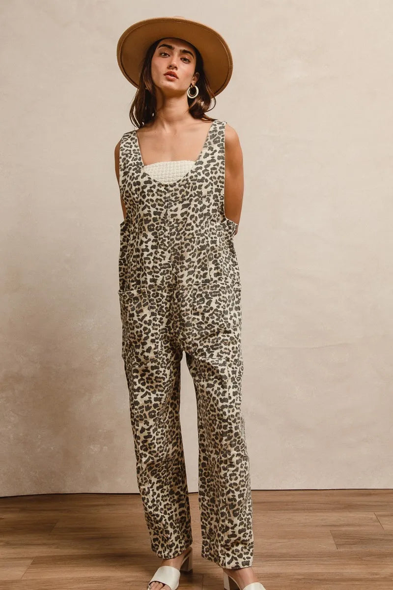 Leopard Bibi Leopard Print Adjustable Strap U Neck Jumpsuit