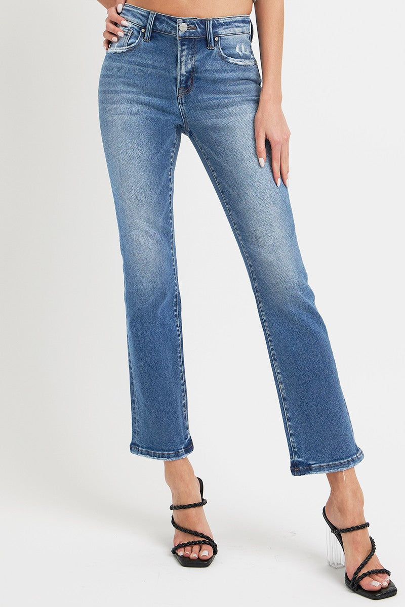 Dark Risen Full Size Mid Rise Ankle Straight Jeans With Pockets
