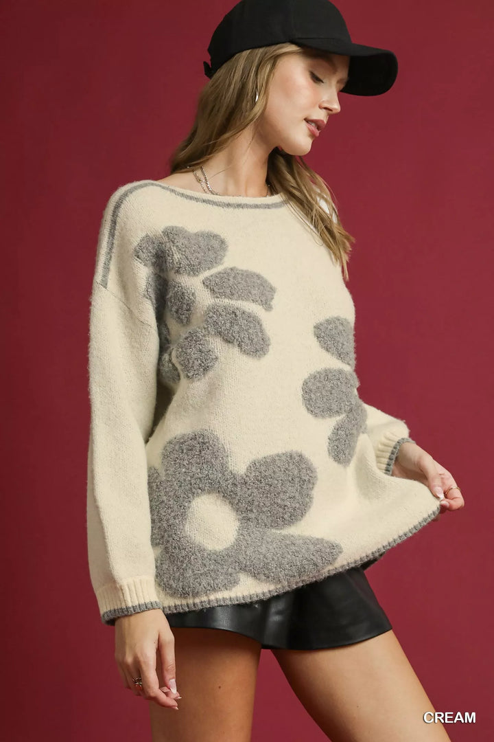 Cream Umgee Floral Jacquard Knit Sweater