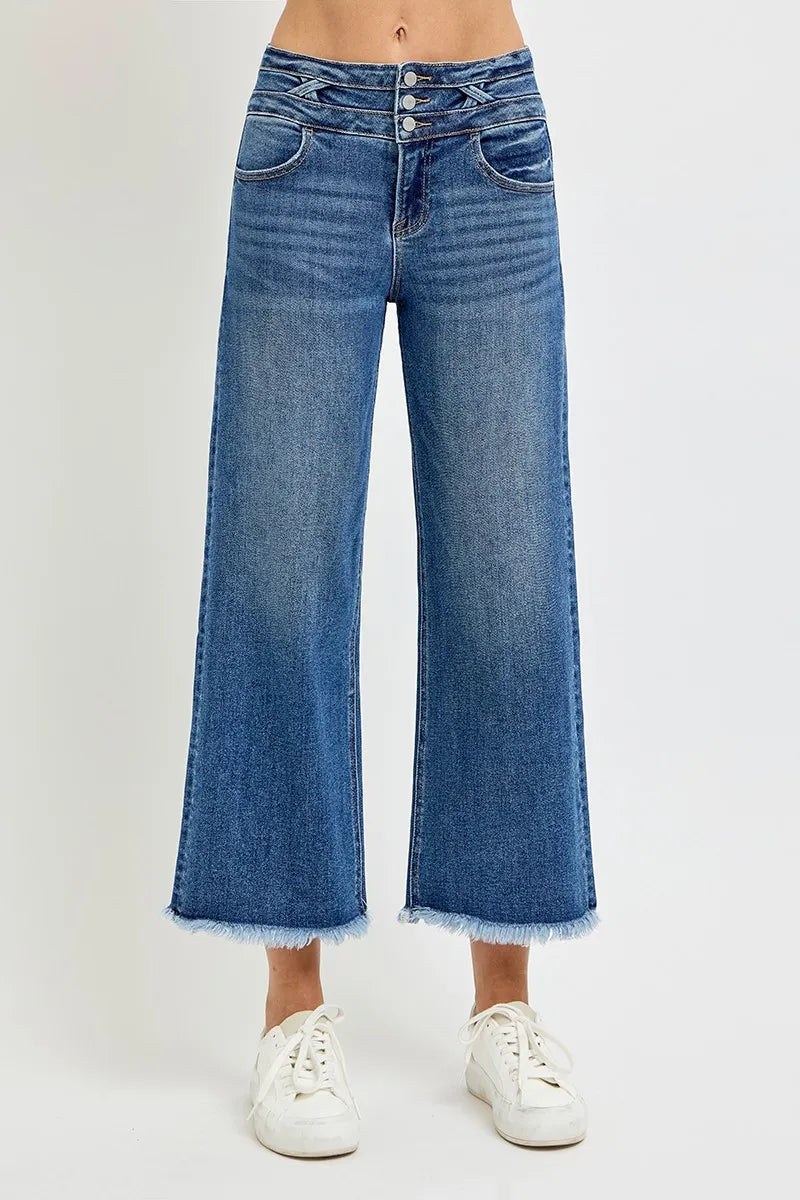 Dark Risen High Rise Crop Wide Leg Jeans With Wide Band Detail