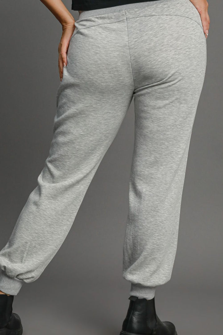 Light Gray Umgee Full Size High Rise Elastic Waist Knit Joggers With Pockets Plus Size 1