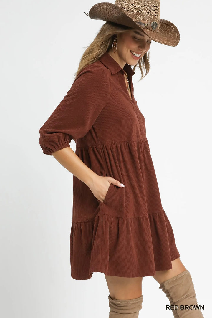Red Brown Umgee Tiered Corduroy Mini Dress With Balloon Sleeves