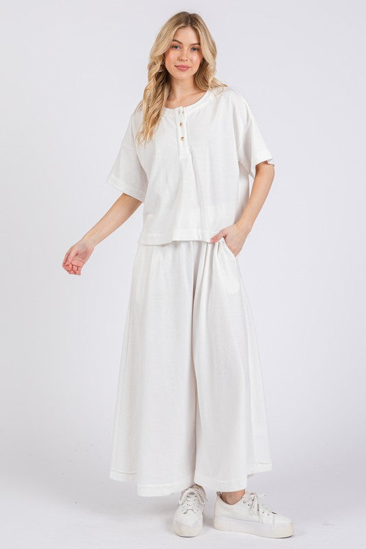 White Ces Femme Half Button Half Sleeve Top And Pants Set