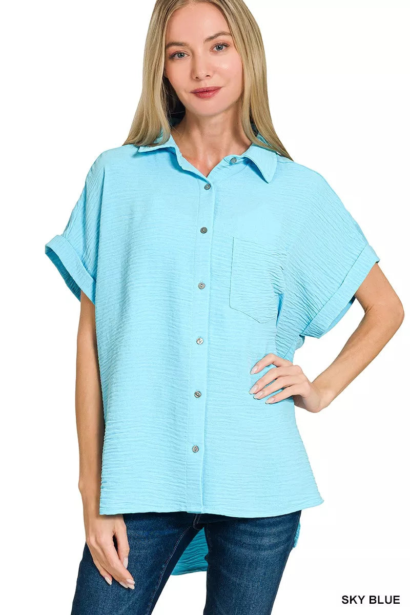 Sky Blue Zenana Woven Airflow Button Down Shirt