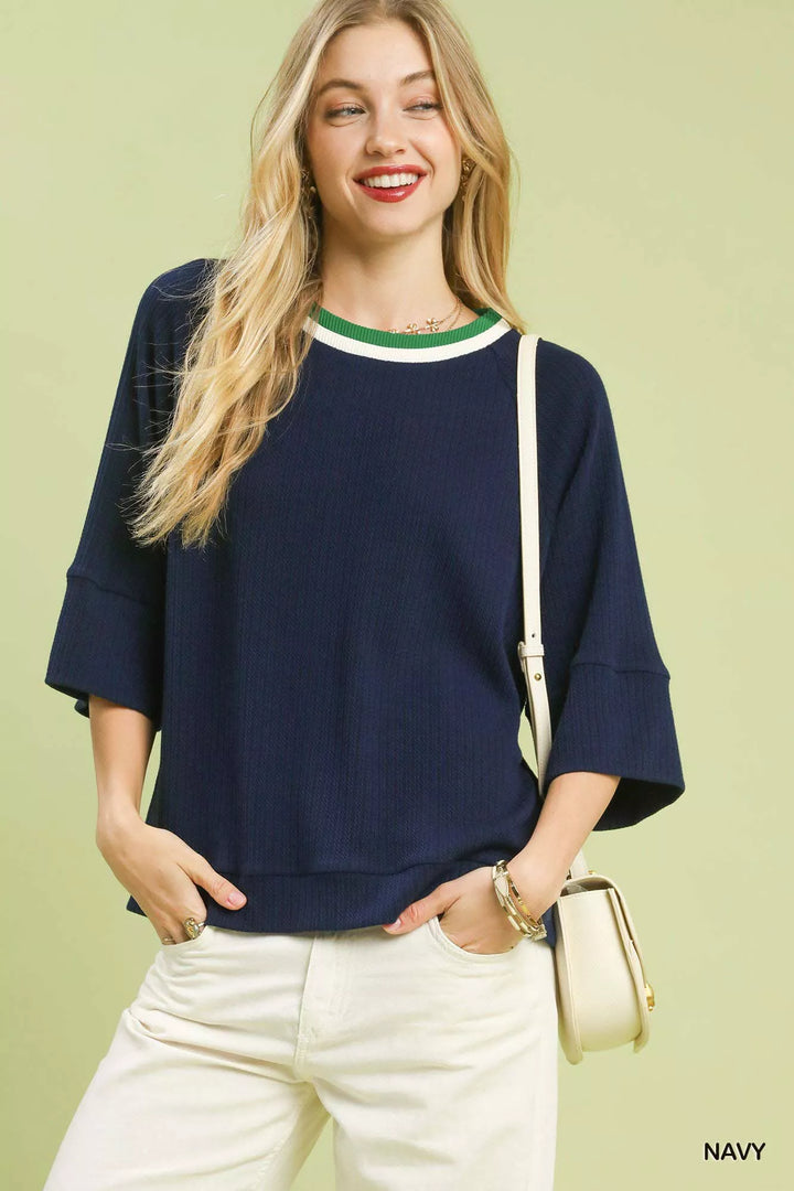Navy Umgee Ribbed Knit Top With Contrast Trim 1