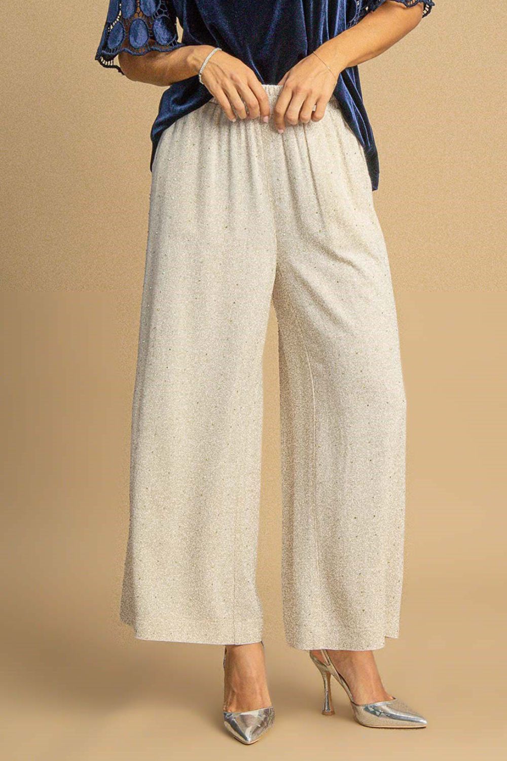 Oatmeal Umgee Full Size High Waisted Embellished Linen Pants Plus Size 2