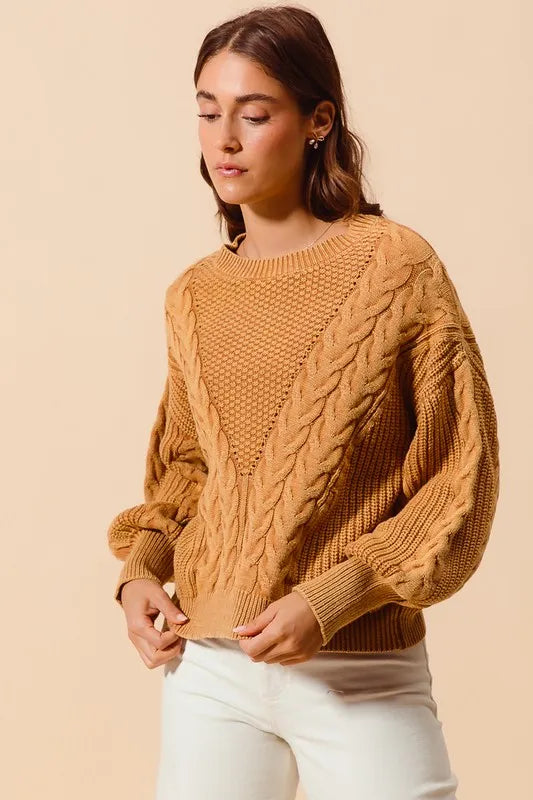 So Me Mineral Washed Loose Fit Textured Cable Sweater