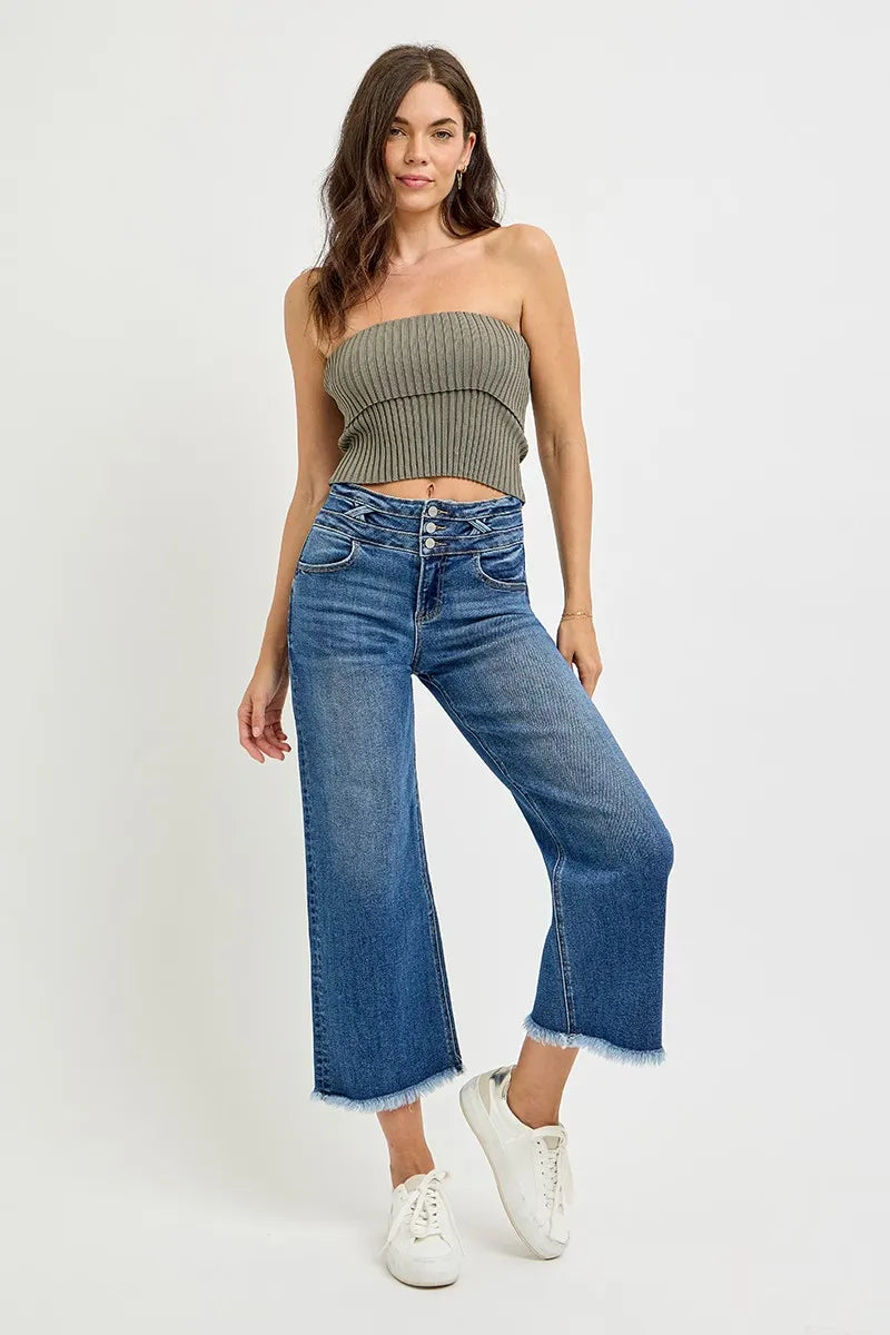 Dark Risen High Rise Crop Wide Leg Jeans With Wide Band Detail