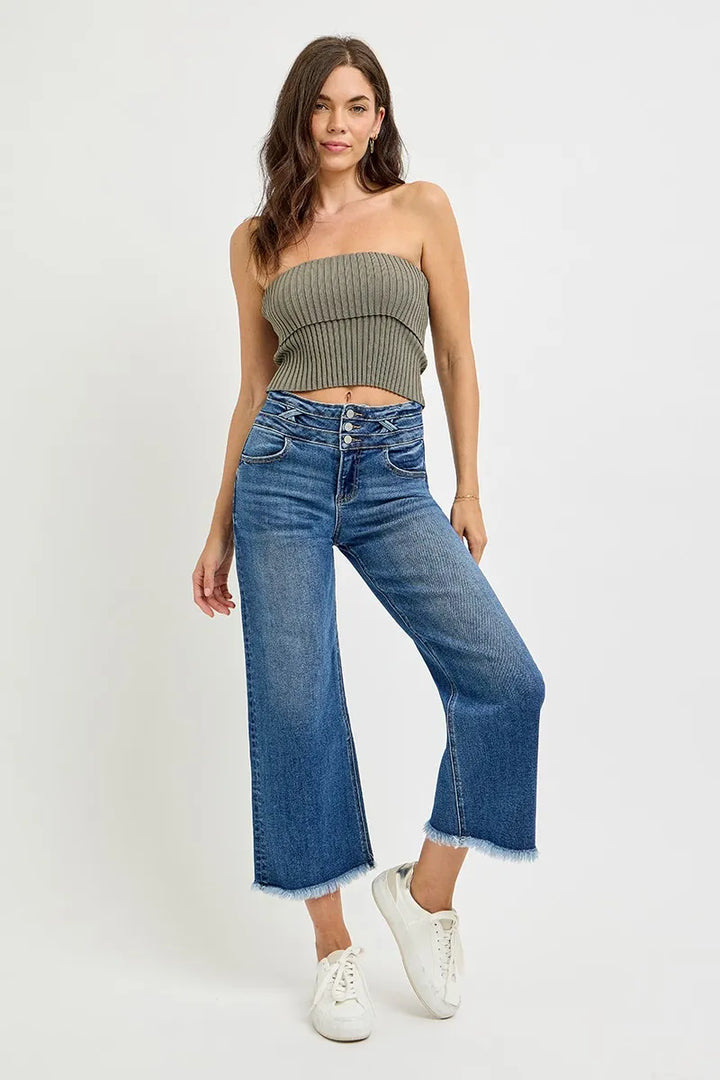 Dark Risen High Rise Crop Wide Leg Jeans With Wide Band Detail