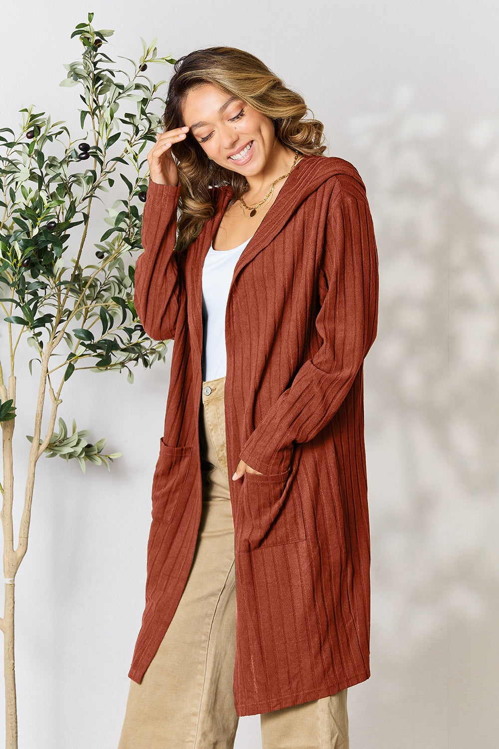 Rust Basic Bae Full Size Hooded Sweater Cardigan