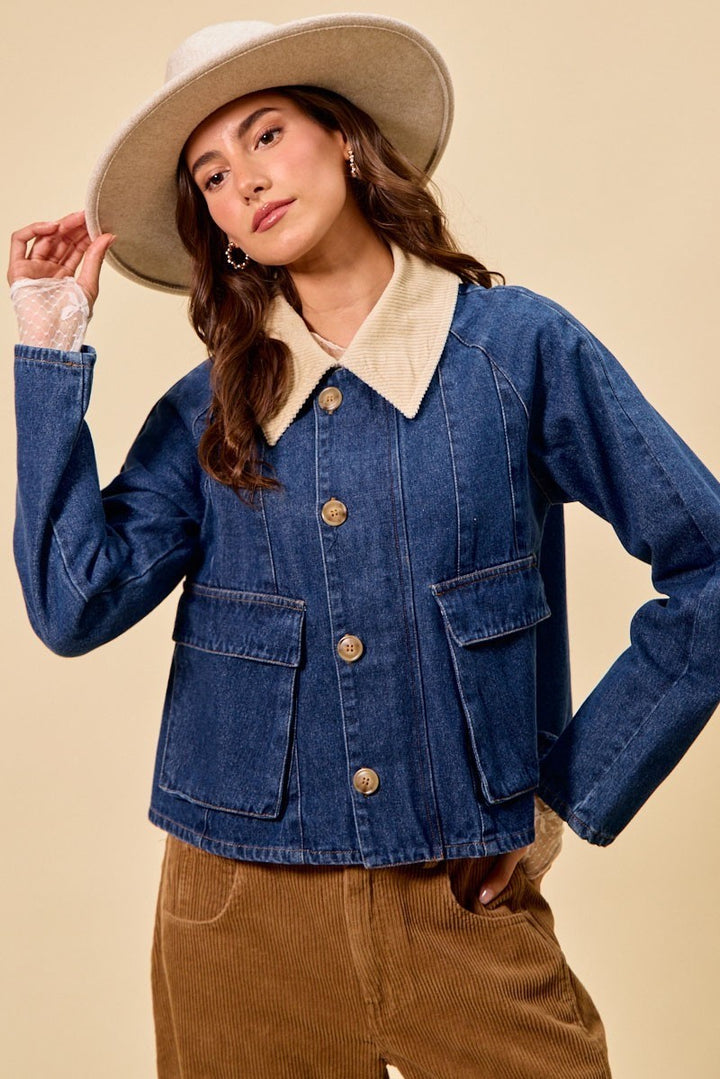 Denim/Oatmeal So Me Zip Up And Buttoned Denim Jacket