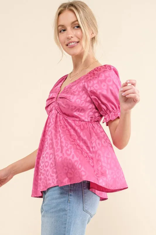 Fuchsia And The Why Satin Leopard V Wired Puff Sleeves Blouse 1