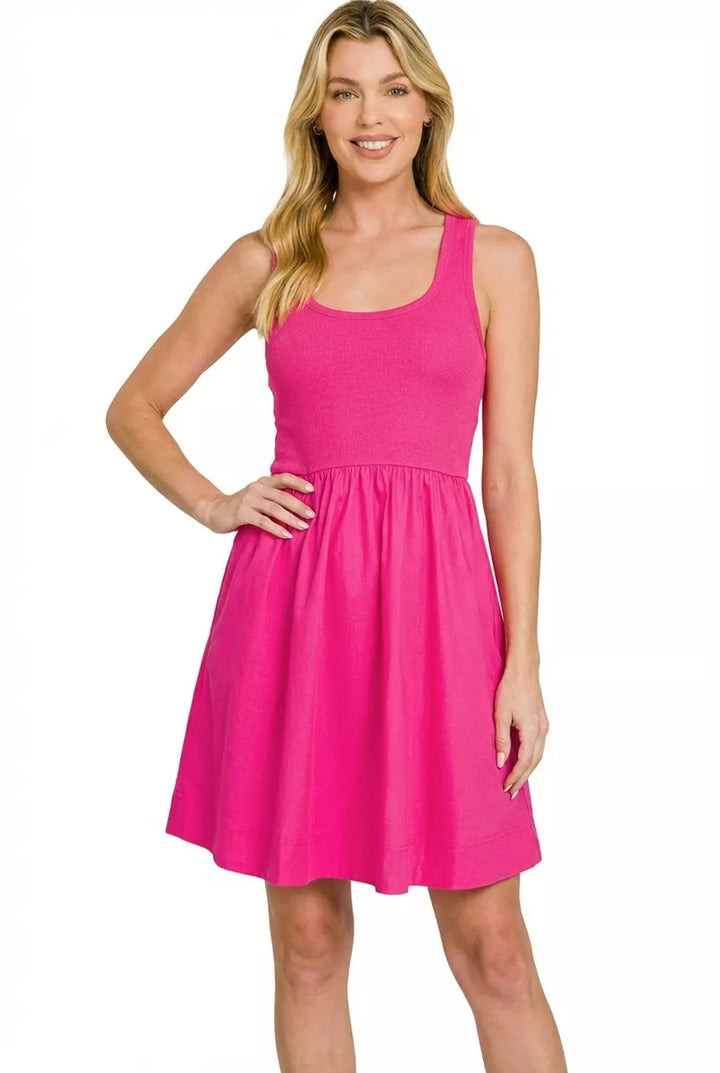Hot Pink Zenana Combined Knit Woven Midi Dress