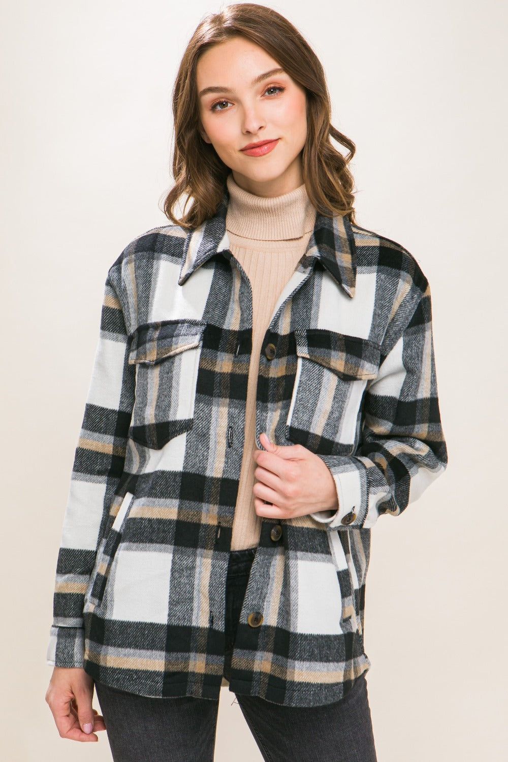 Black Love Tree Plaid Button Up Shacket