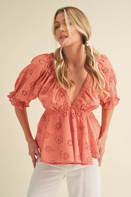 Coral Aemi Co Eyelet Embroidered V Neck Half Sleeve Peplum Blouse 1