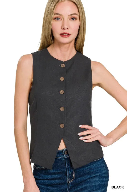 Black Zenana Linen Button Down Vest