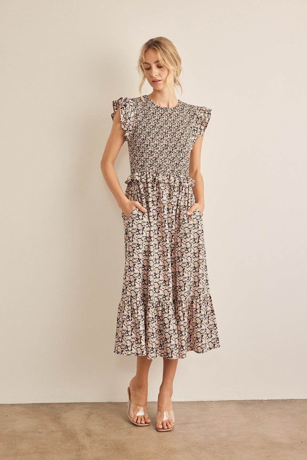 Black/Peach In February Floral Smocked Ruffled Midi Dress