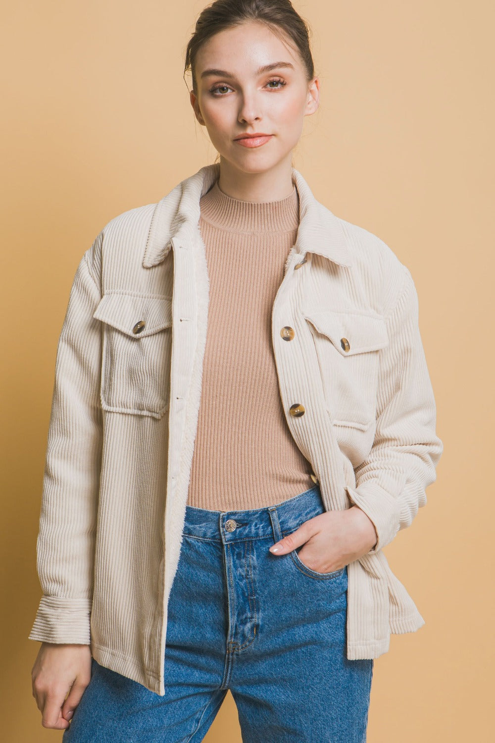 Cream Love Tree Corduroy Button Up Jacket With Sherpa Inside 1