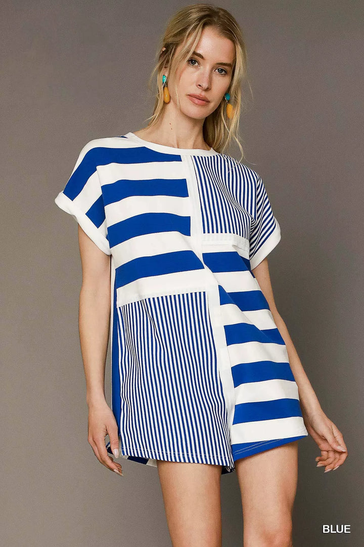 Blue Umgee Mixed Striped Short Sleeve Romper