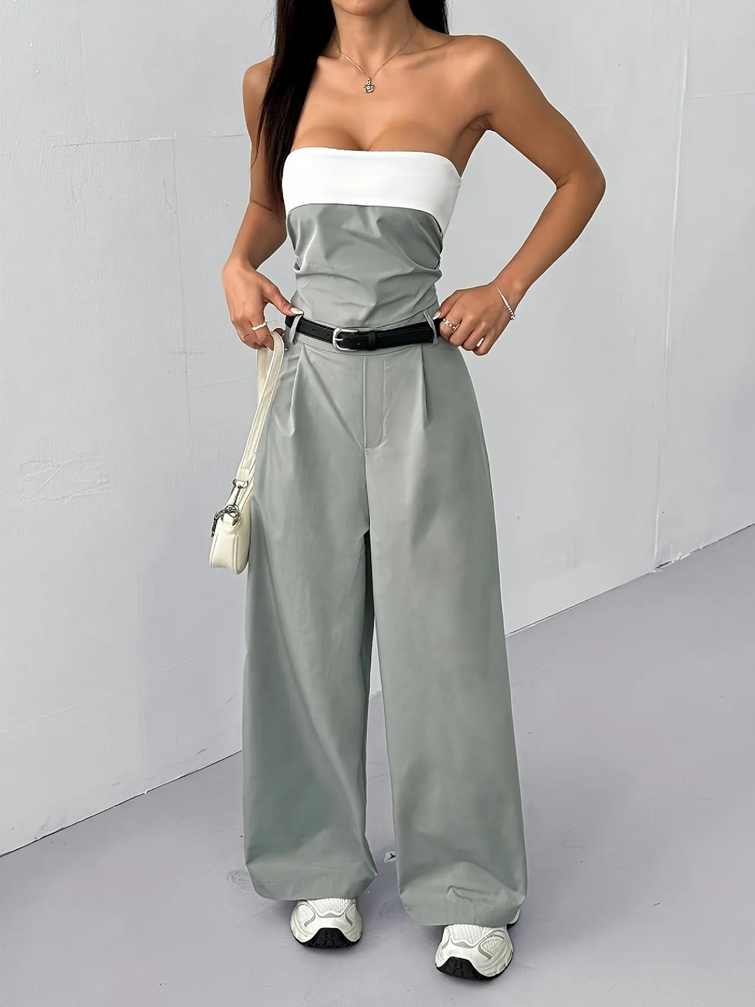 Sage Strapless Color Block Wide Leg Jumpsuit