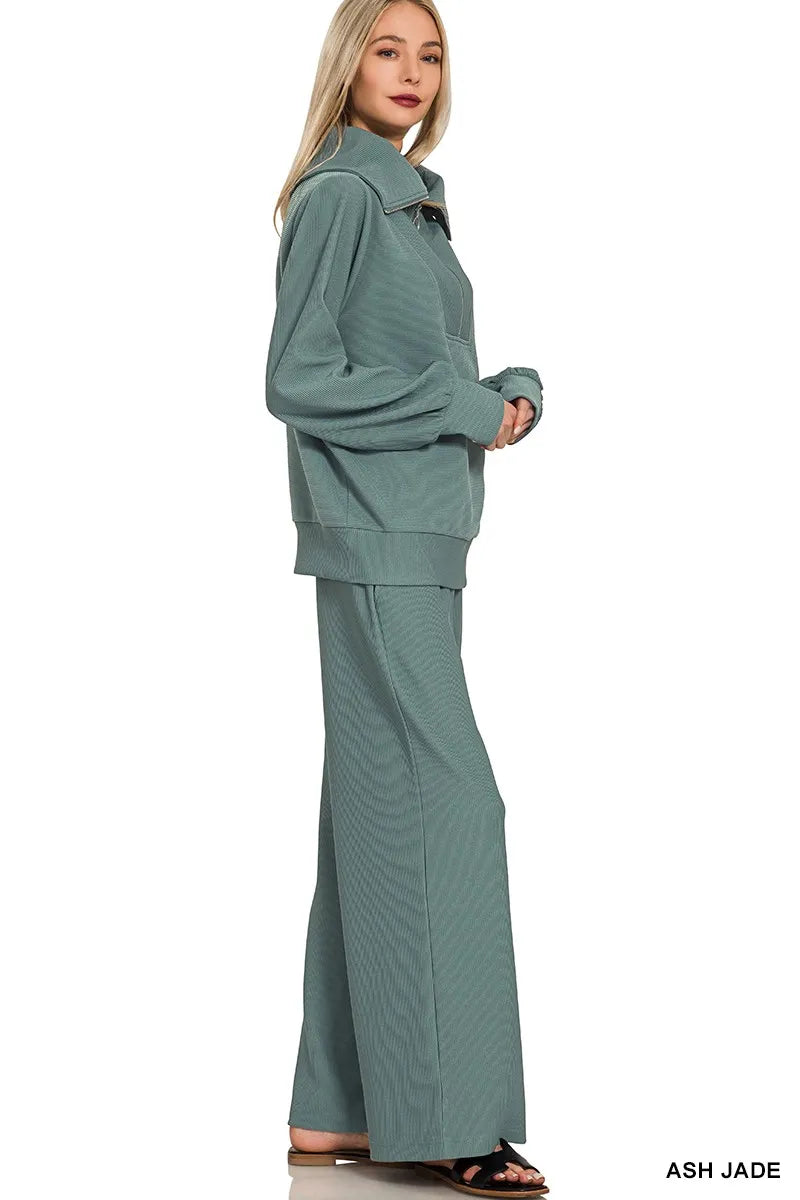 Ash Jade Zenana Ribbed High Neck Half Zip Pullover Pants Set 1