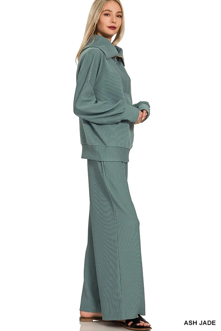 Ash Jade Zenana Ribbed High Neck Half Zip Pullover Pants Set 1