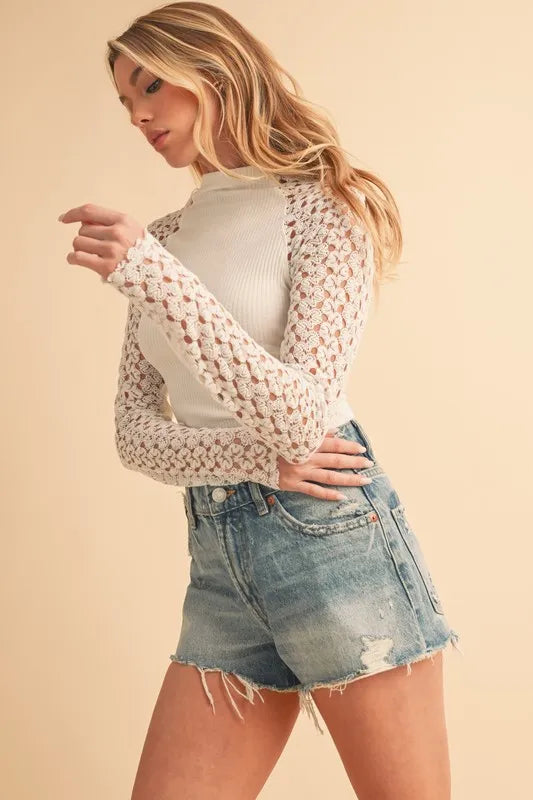 Aemi Co Mock Neck Lace Long Sleeve Knit Top