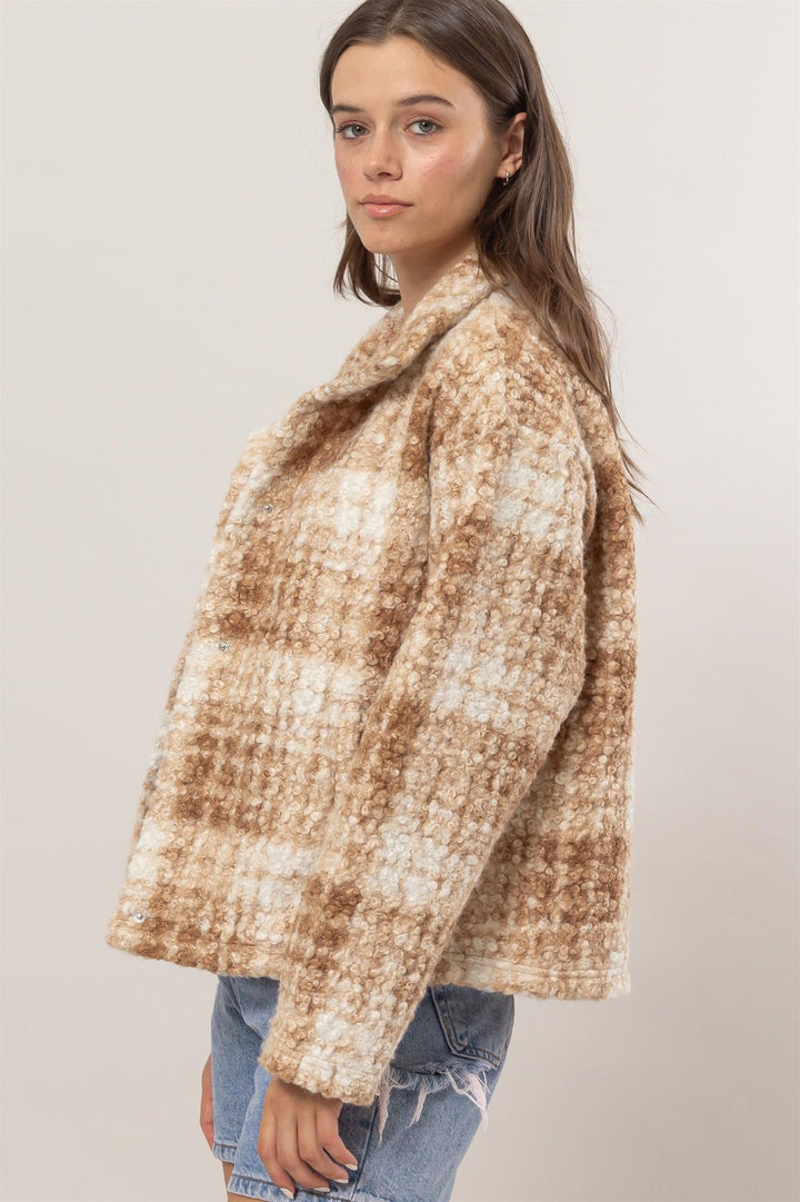 Taupe Hyfve Plaid Collared Neck Boucle Jacket With Pockets