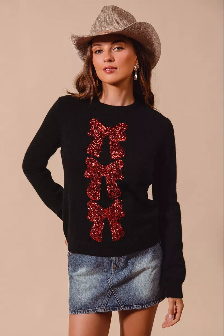 Black/Red So Me Sequins Bow Ribbon Embellished Christmas Sweater 1