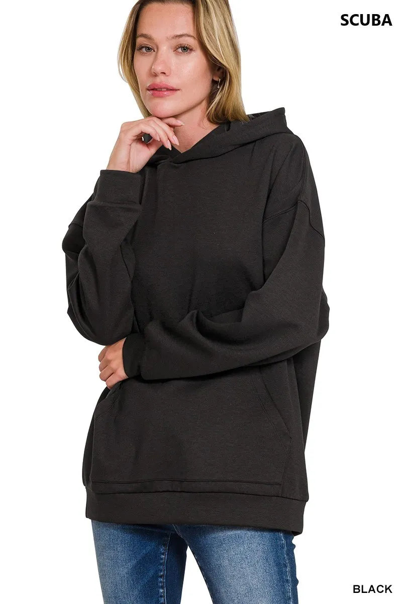 Black Zenana Oversized Scuba Hoodie With Kangaroo Pocket